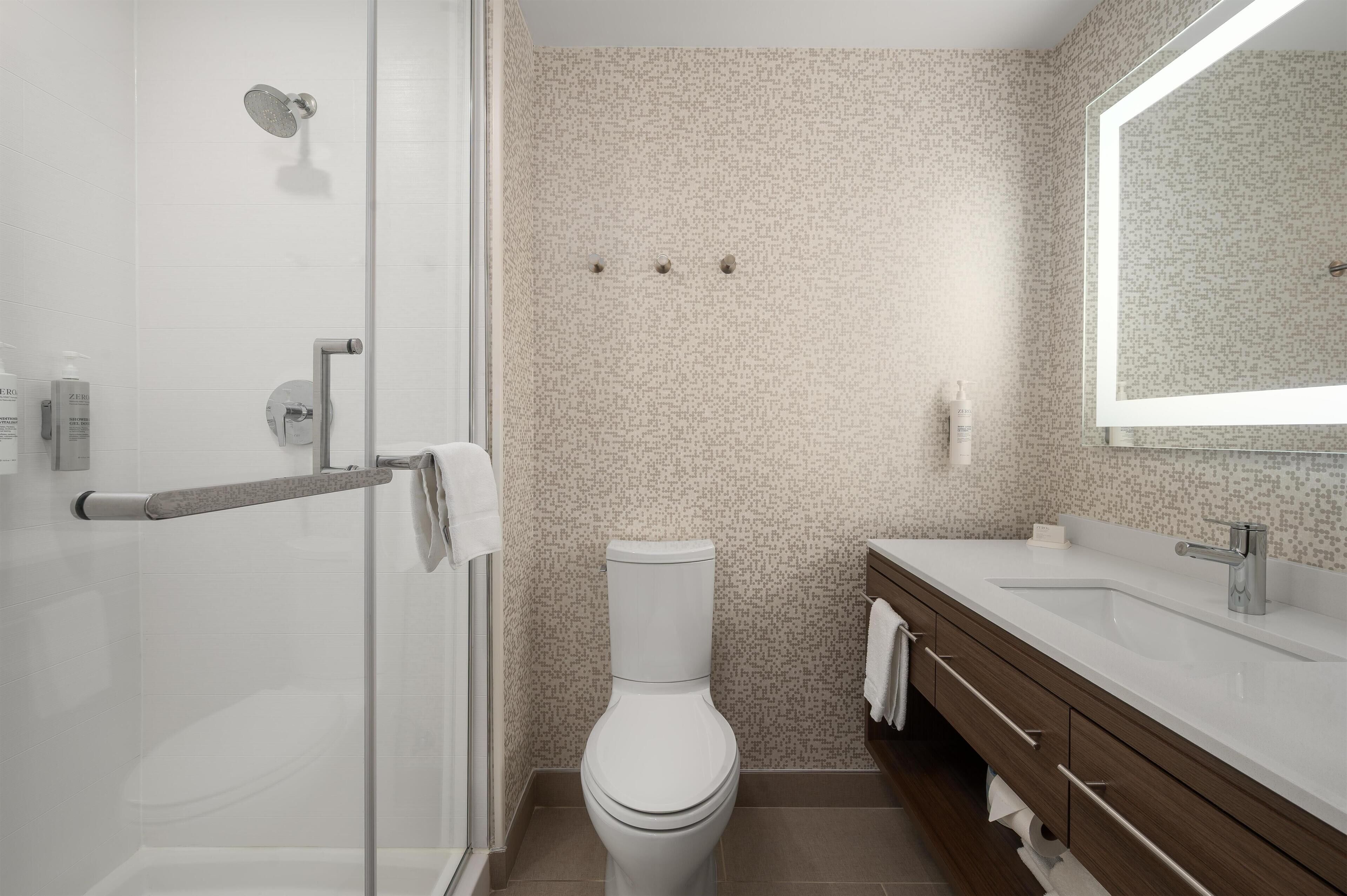A modern bathroom with a glass-enclosed shower, a white toilet, and a vanity with a mirror.