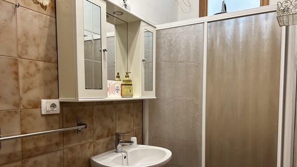 A bathroom with a sink, mirror, and shower. - Cleo Orchidea (Falconara Marittima)