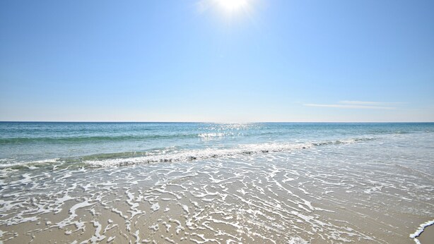 A beach with clear skies and sunlight reflecting on the water. - Caribbean (Gulf Shores)