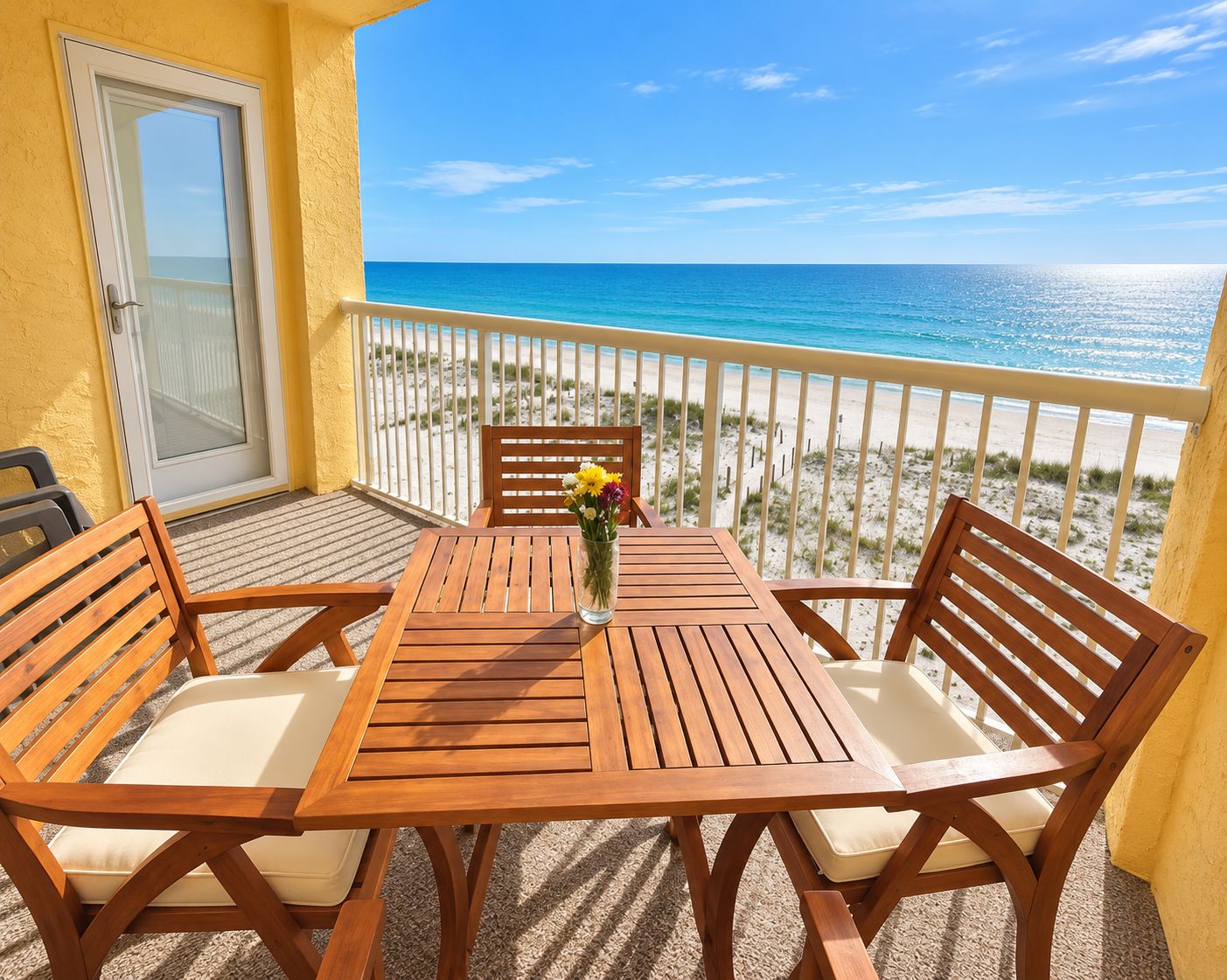 Ein Holztisch mit Stühlen auf einem Balkon mit Blick auf den Strand und den Ozean.