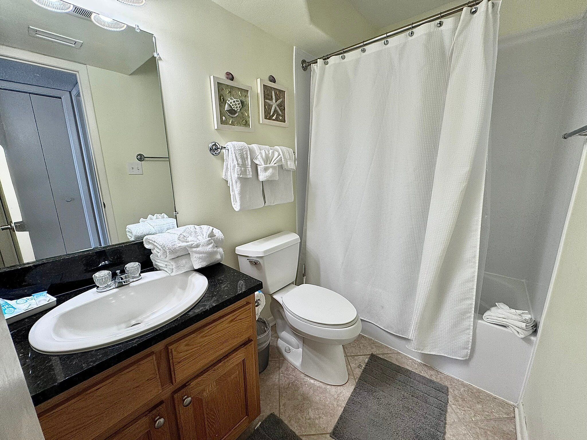 Une salle de bain avec un lavabo, des toilettes et un rideau de douche. Des serviettes sont accrochées au mur et un miroir se trouve au-dessus du lavabo.