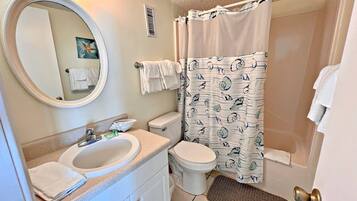 Une salle de bain avec un lavabo, des toilettes et un rideau de douche.