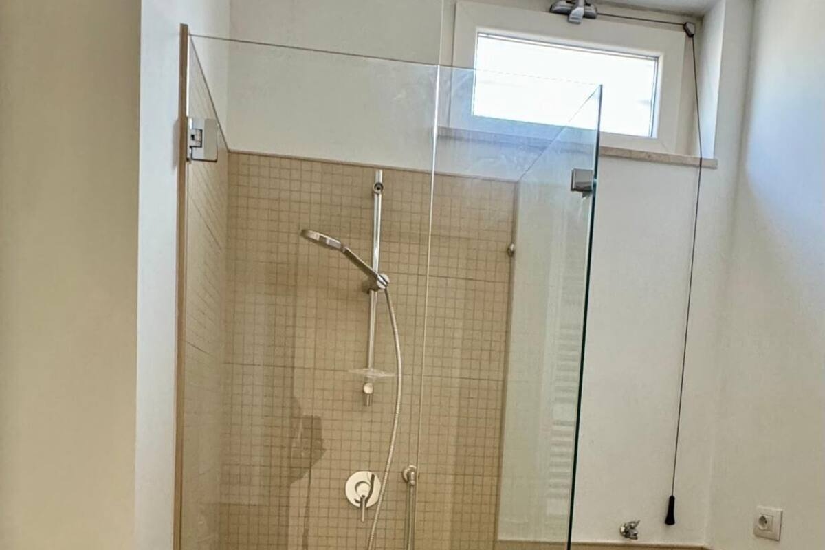 Un baño con ducha de vidrio, un lavabo blanco y un inodoro.
