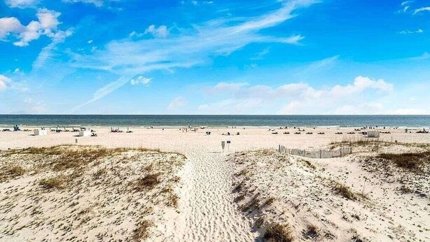 A beach with a clear sky, sandy dunes, and a pathway leading to the water. - Ocean Reef (Gulf Shores)