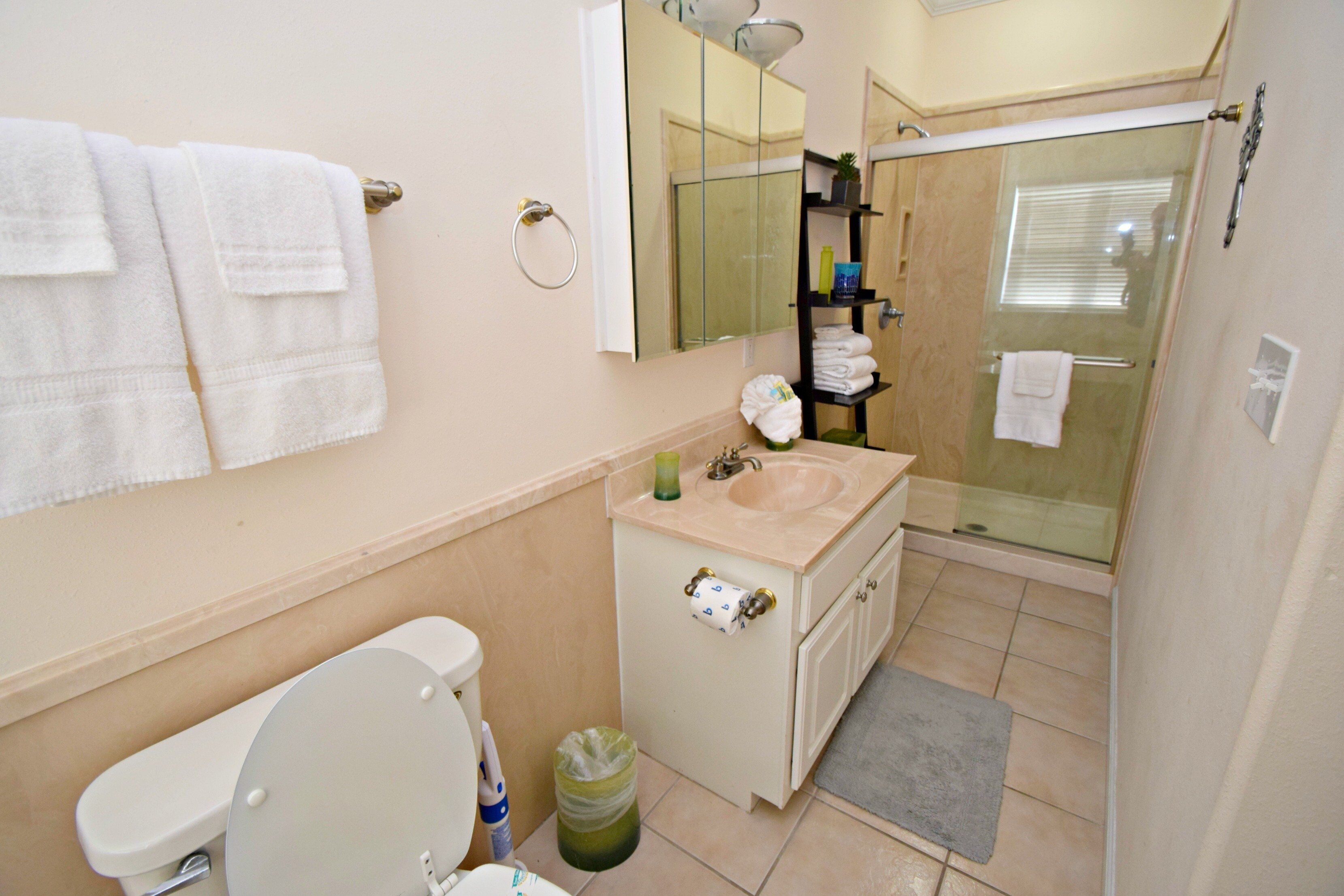 A bathroom with a toilet, sink, mirror, and shower.
