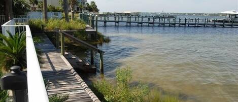 A waterfront walkway with a dock extending into the water, surrounded by greenery and a building in the background.