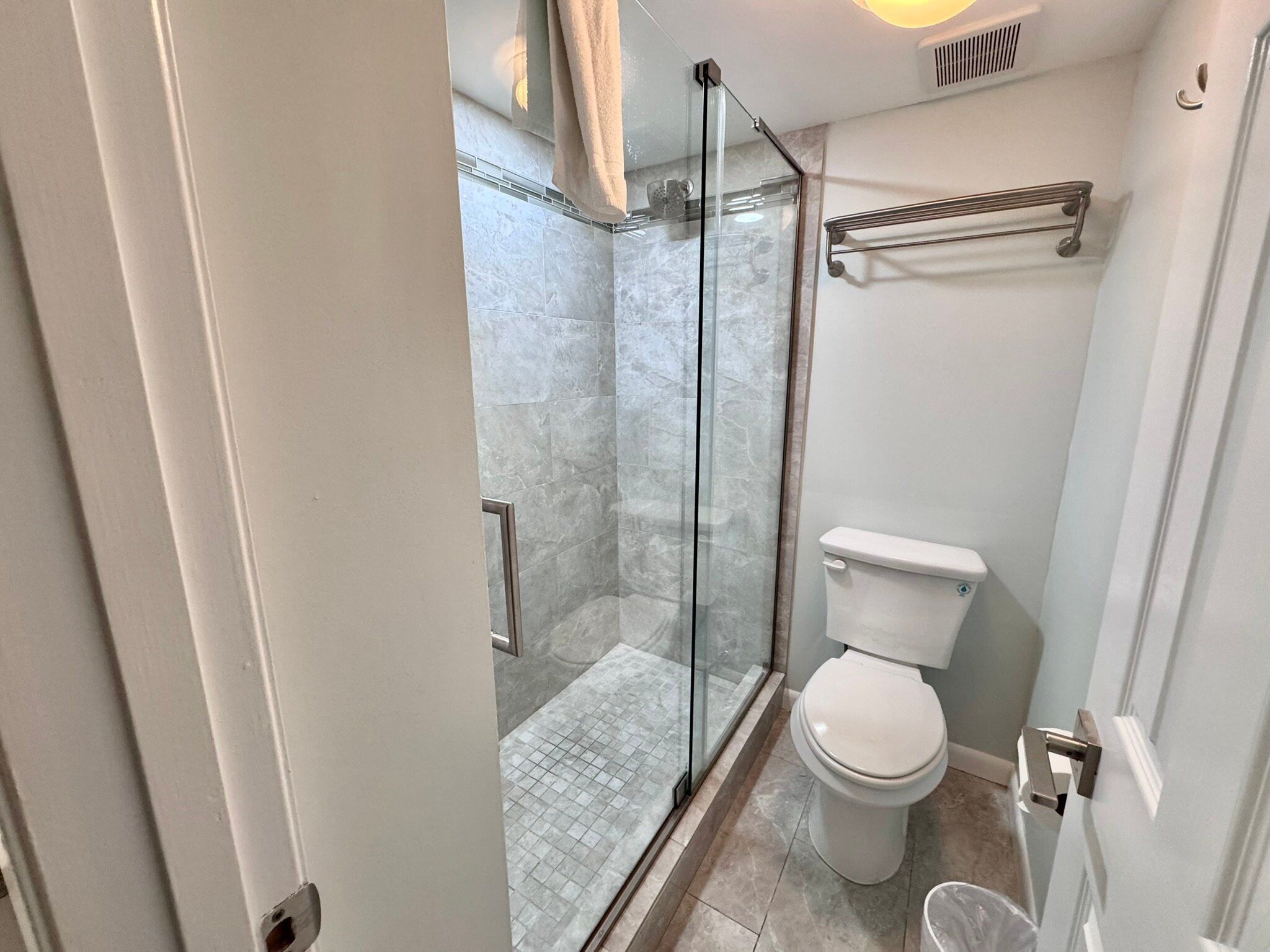 A bathroom with a glass-enclosed shower, a toilet, and a towel rack.