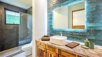 Hair dryer, towels, soap, shampoo