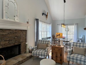 Smart TV, fireplace, books