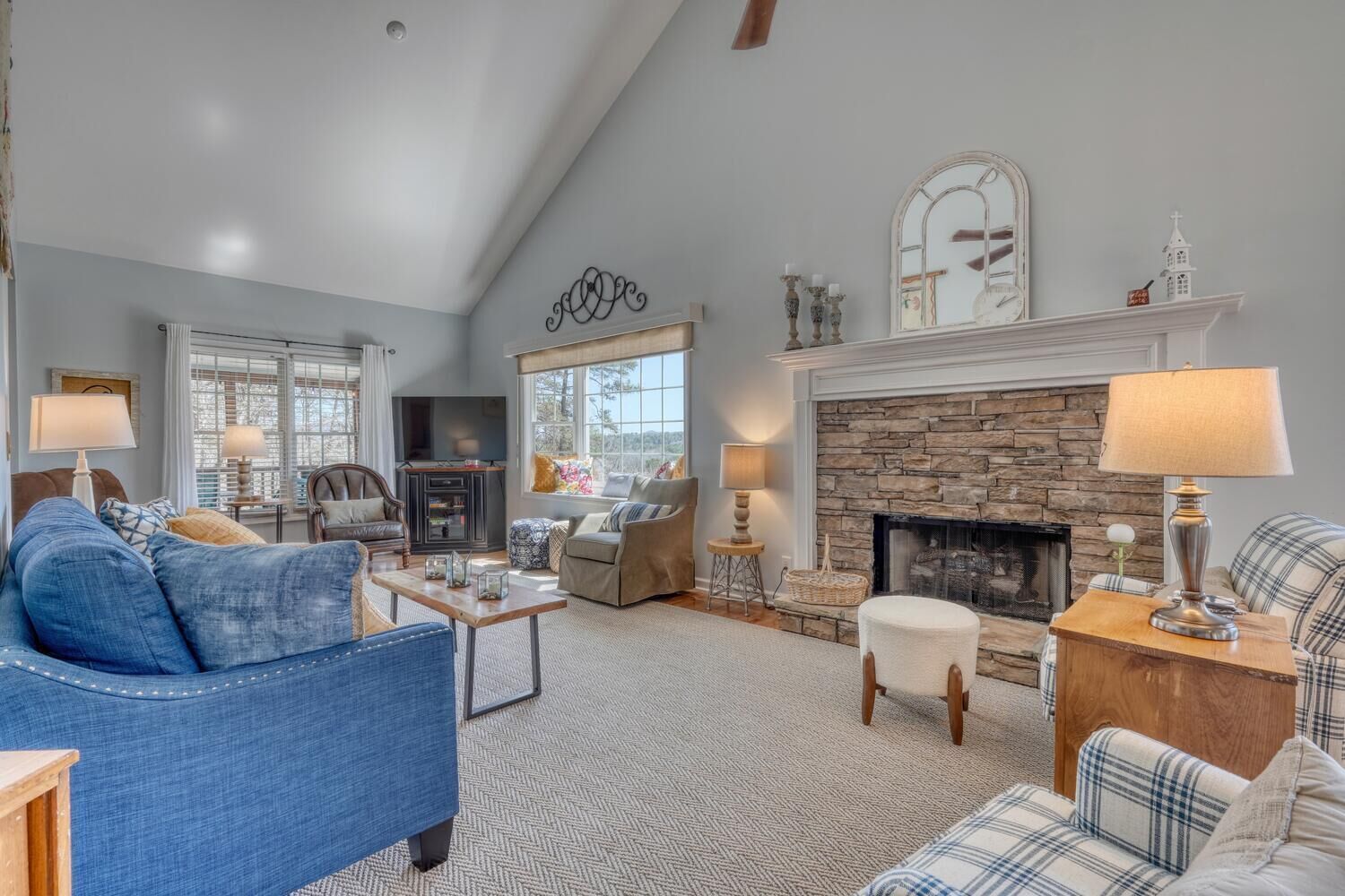 Smart TV, fireplace, books