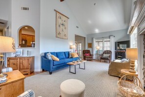 Smart TV, fireplace, books