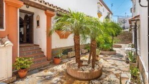 Un pati amb una palmera, plantes en testos i un paviment de rajoles.