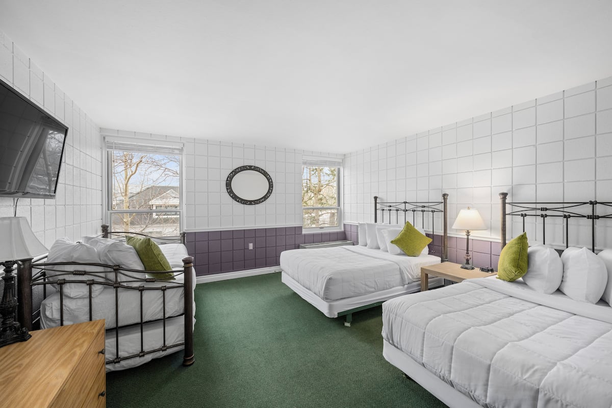 A room with two beds, a TV, and a window with a view of trees.