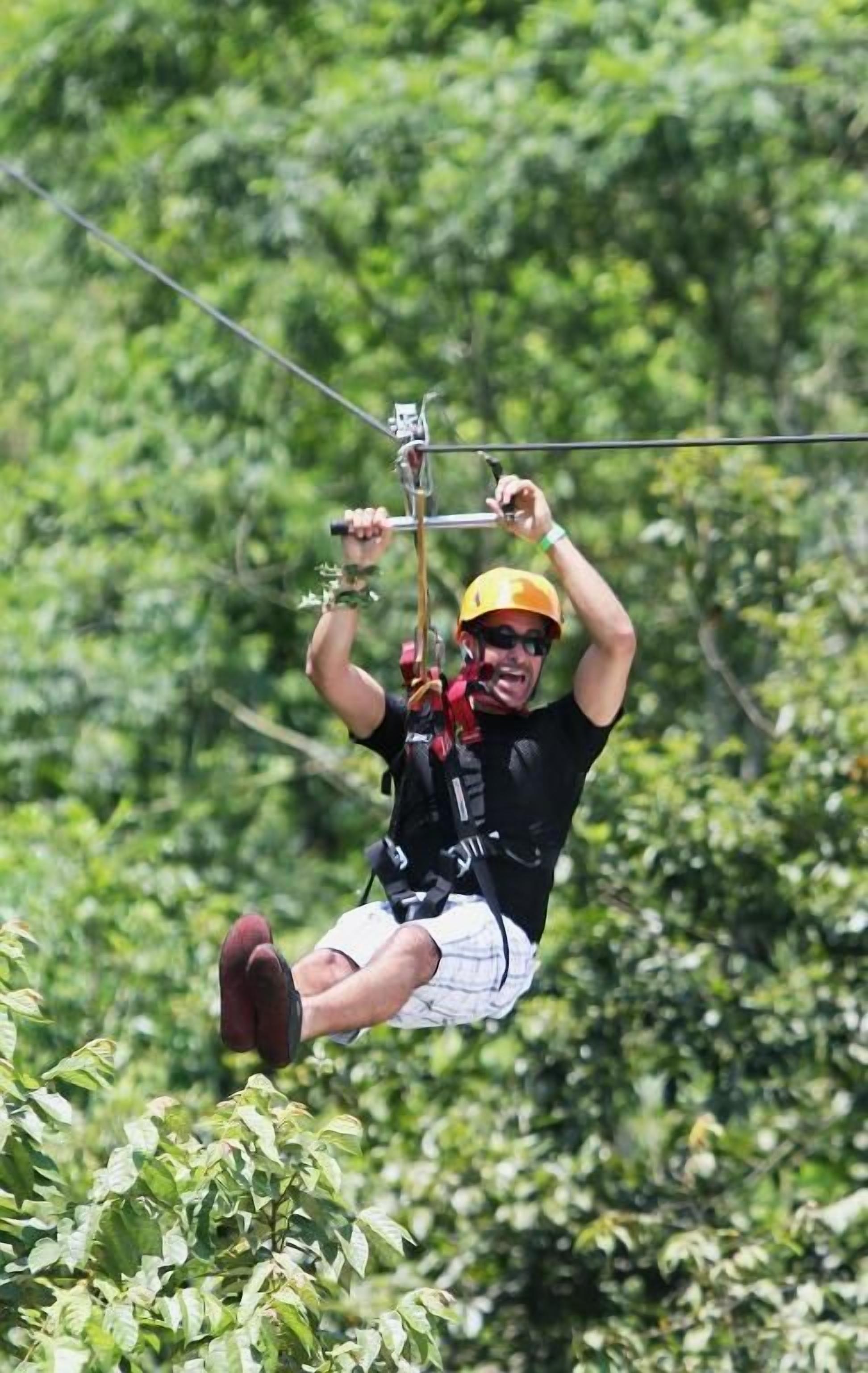 A person ziplining through a forest.