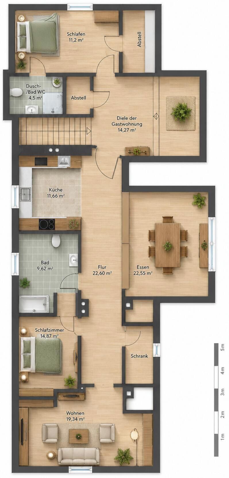 A floor plan of a hotel with a living room, dining area, kitchen, bathroom, and two bedrooms.