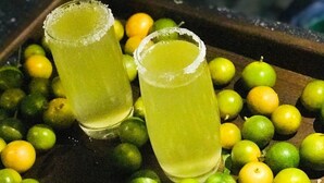 Two glasses of green beverage with a salted rim, surrounded by limes on a wooden tray. - Marian Villa Katunayake  (Seeduwa - Katunayake)
