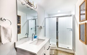 Shower, hair dryer, shampoo