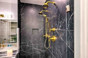 Shower, hair dryer, shampoo