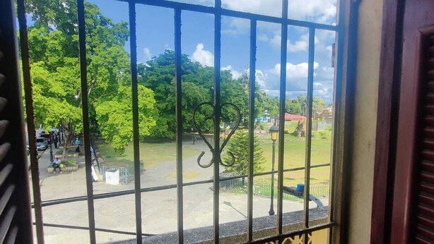 Vista a través de una ventana con rejas y un portón metálico decorativo, que da a un parque verde con árboles y un área de juegos.