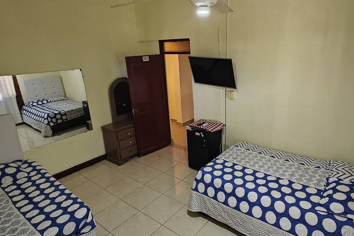 A room with two beds, a wardrobe, a television, and a mirror.