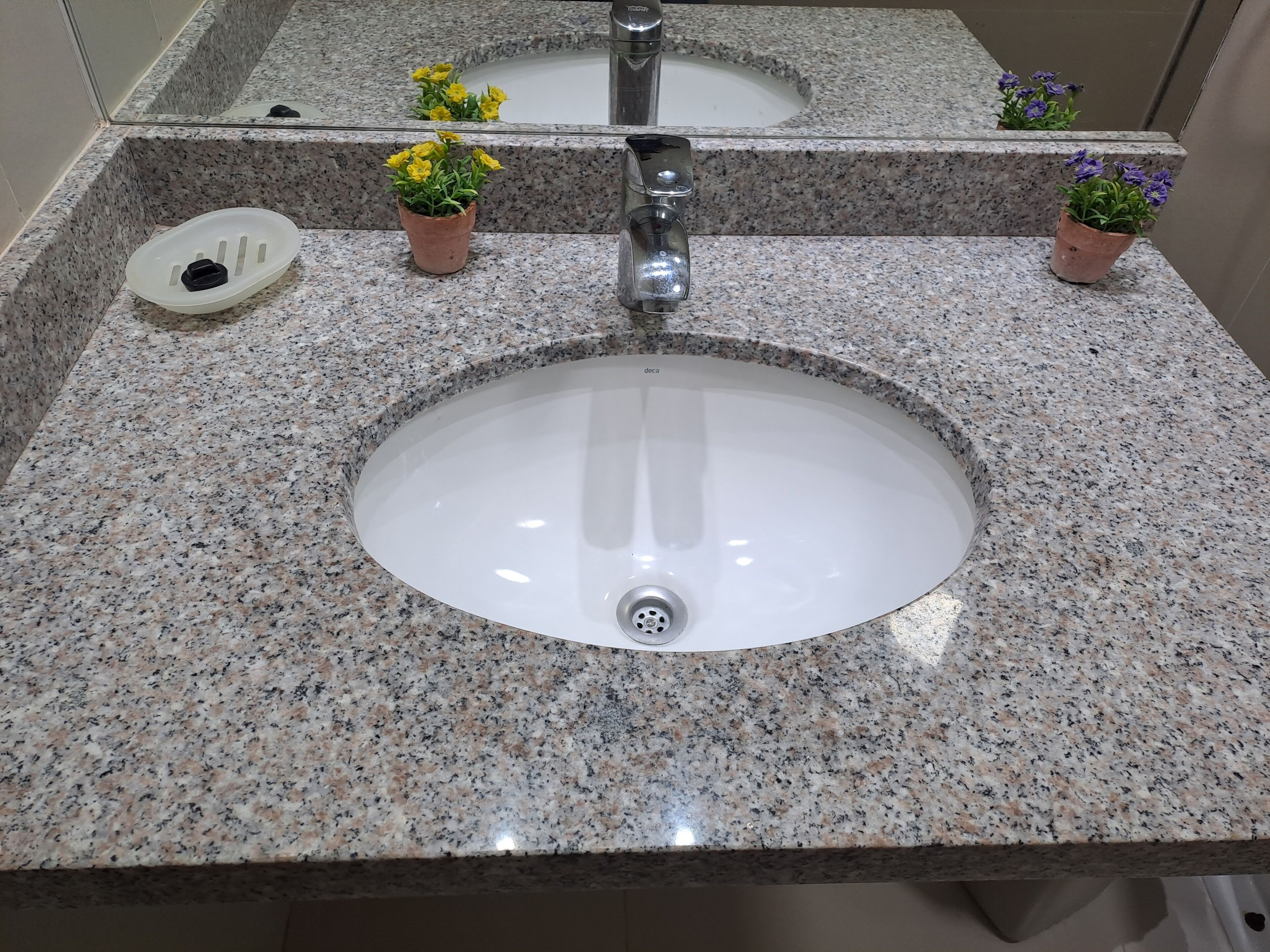 A bathroom sink with granite countertop, a mirror, and two potted plants.