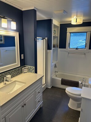 Shower, hair dryer, bidet, towels