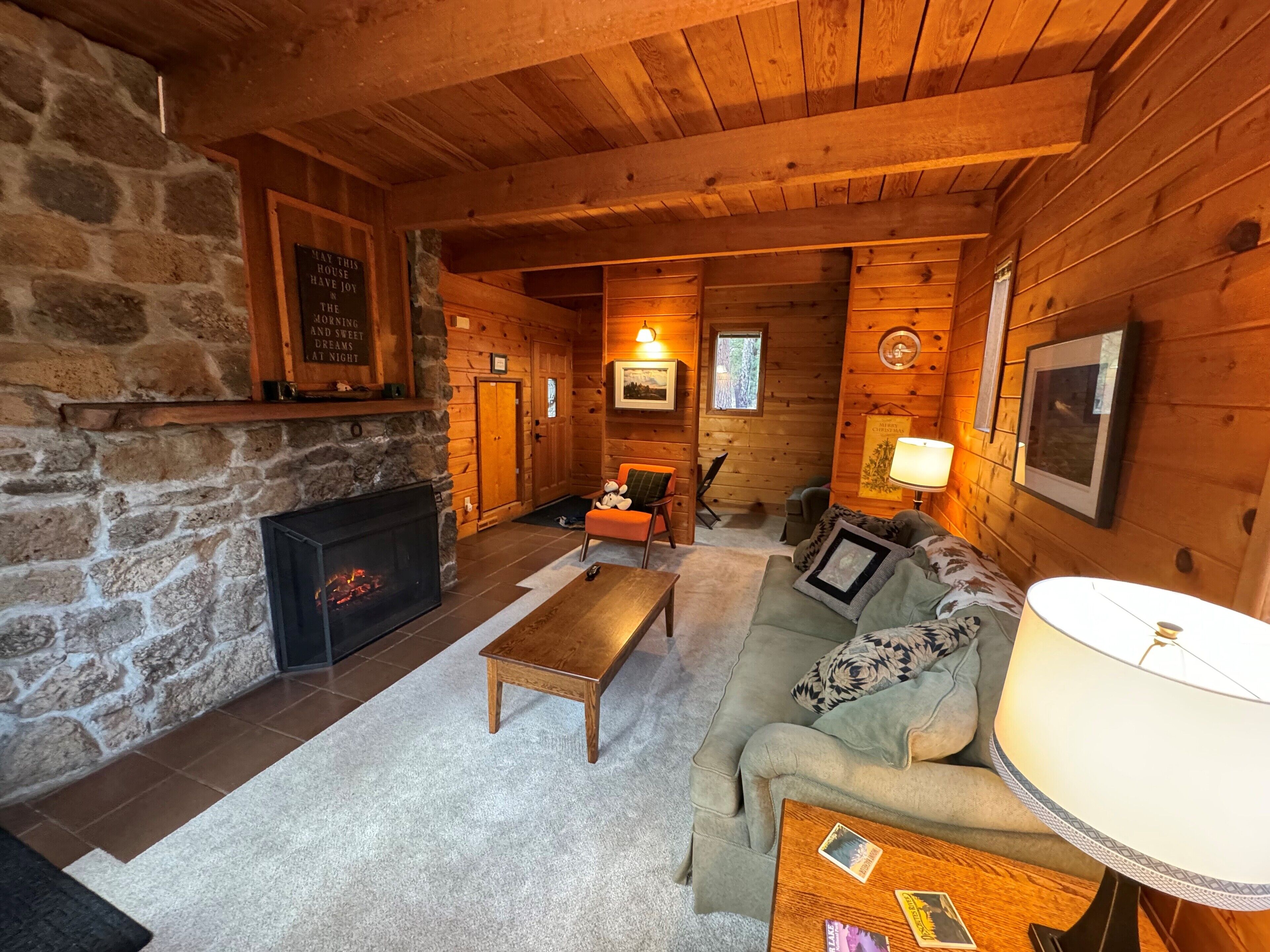 Smart TV, fireplace, DVD player, books