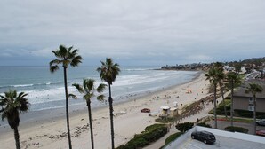 Een strand met palmbomen, een redershut en een parkeerplaats.