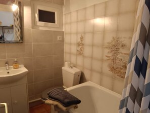 Hair dryer, towels, soap, toilet paper