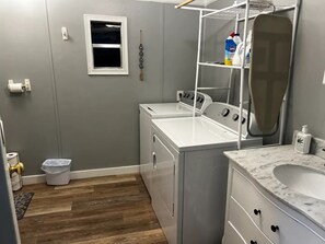 Hair dryer, bidet, towels, soap