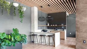 Una cocina moderna con una isla central, taburetes de bar, plantas colgantes e iluminación colgante.