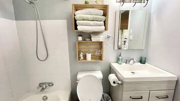 Shower, hair dryer, shampoo