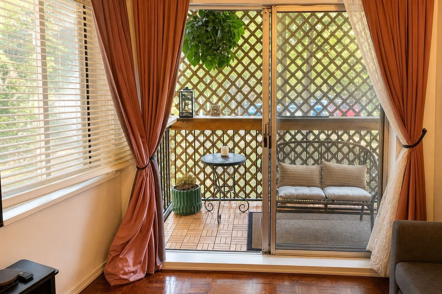 Une pièce dotée d’une porte-fenêtre coulissante donnant sur une terrasse, d’une petite table avec un pot de plante et d’un coin salon avec des coussins.