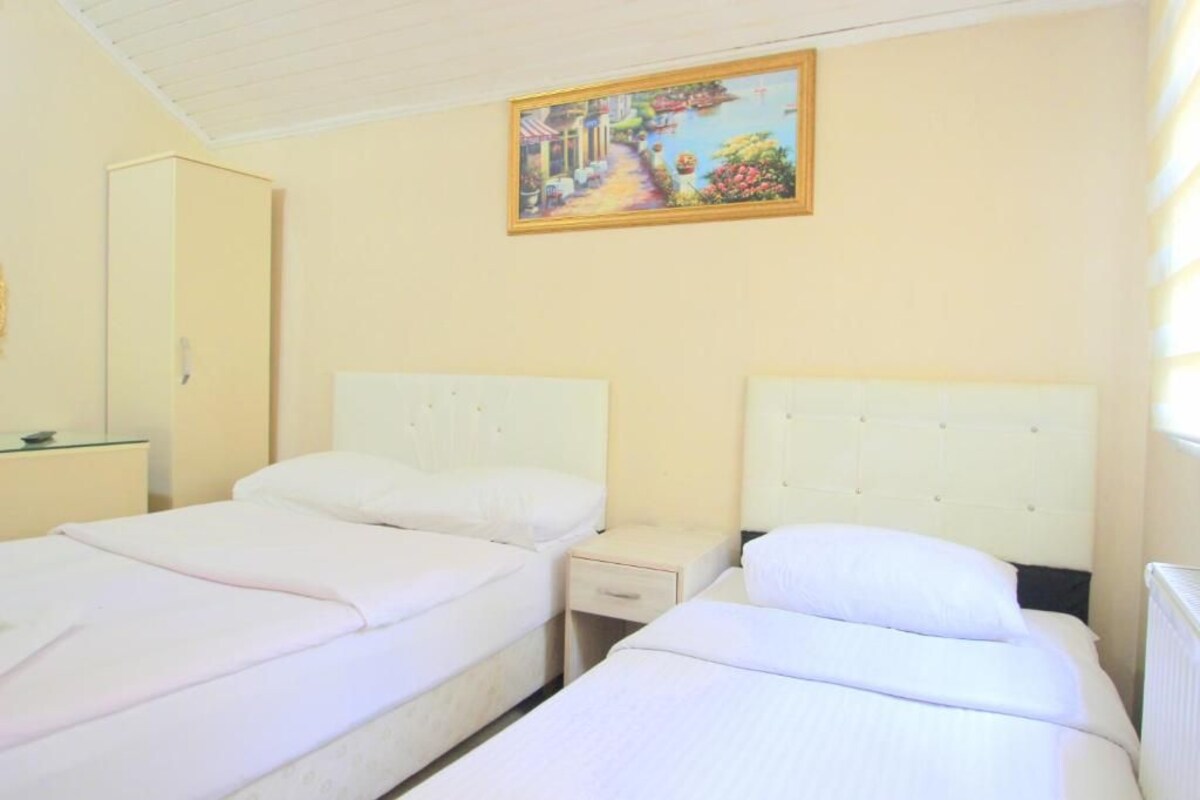 Ein Hotelzimmer mit zwei Betten, einem kleinen Nachttisch, einem Kleiderschrank und einem Bild an der Wand.