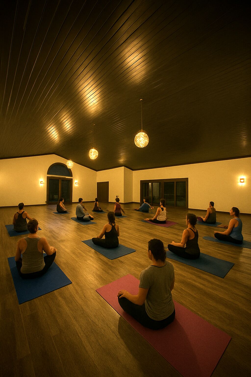 Un cours de yoga dans une pièce au plancher en bois et au plafond incliné.