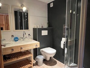 Shower, hair dryer, towels, toilet paper
