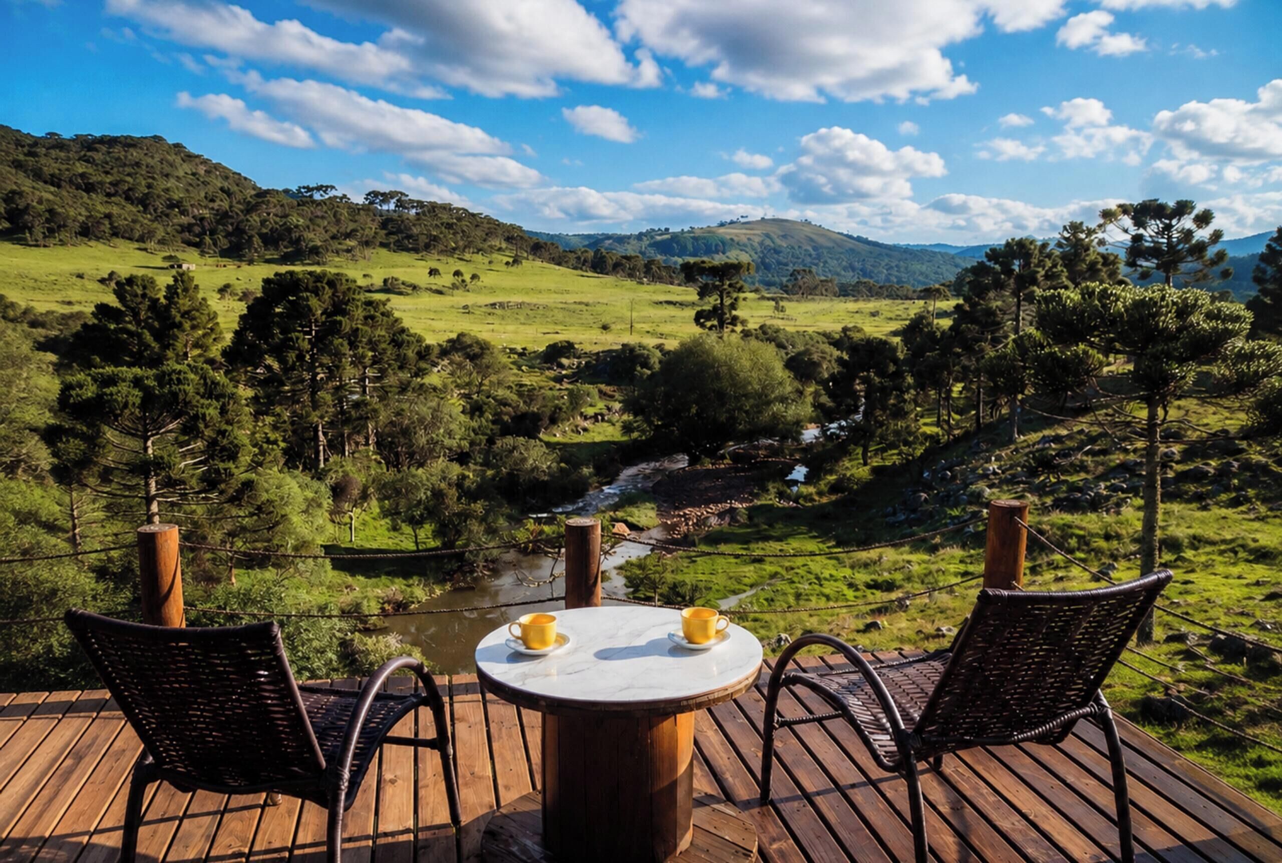 A wooden deck with a round table and two chairs, overlooking a lush valley with a river and distant hills.