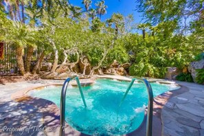 A swimming pool with metal ladders, surrounded by trees and a rocky landscape.