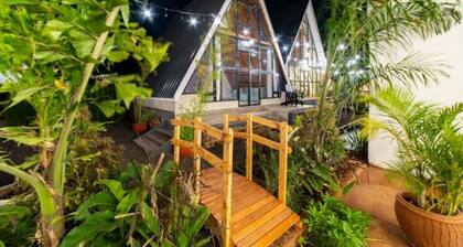 A Frame Tiny Cabin with pool.
