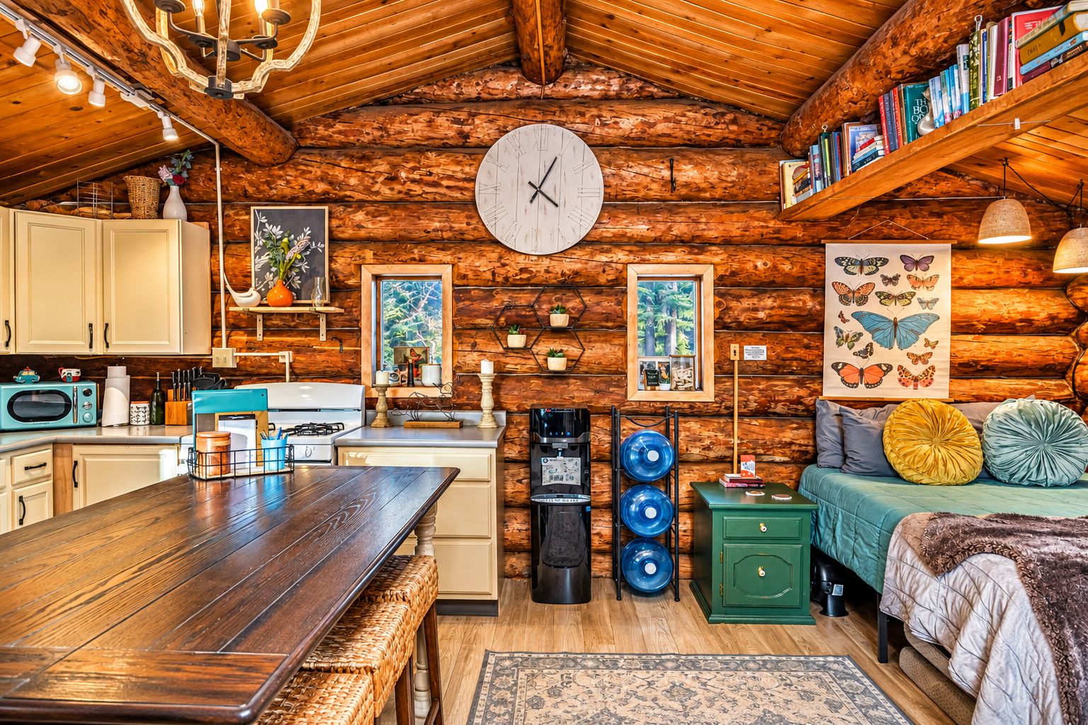 A cozy log cabin interior with a wooden dining table, a kitchen area, and a green sofa.