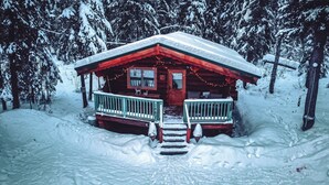 Una cabaña con porche, rodeada de árboles cubiertos de nieve.