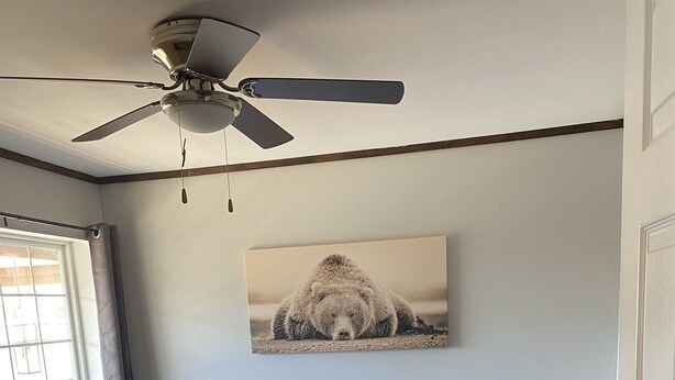 A bedroom with a bed, a ceiling fan, a window with curtains, a wall-mounted artwork of a bear, and a bedside table with a lamp. - 2BD 2BA w/Kitchenette close to Silver Dollar City (Branson)