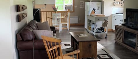 TV, fireplace, DVD player, books