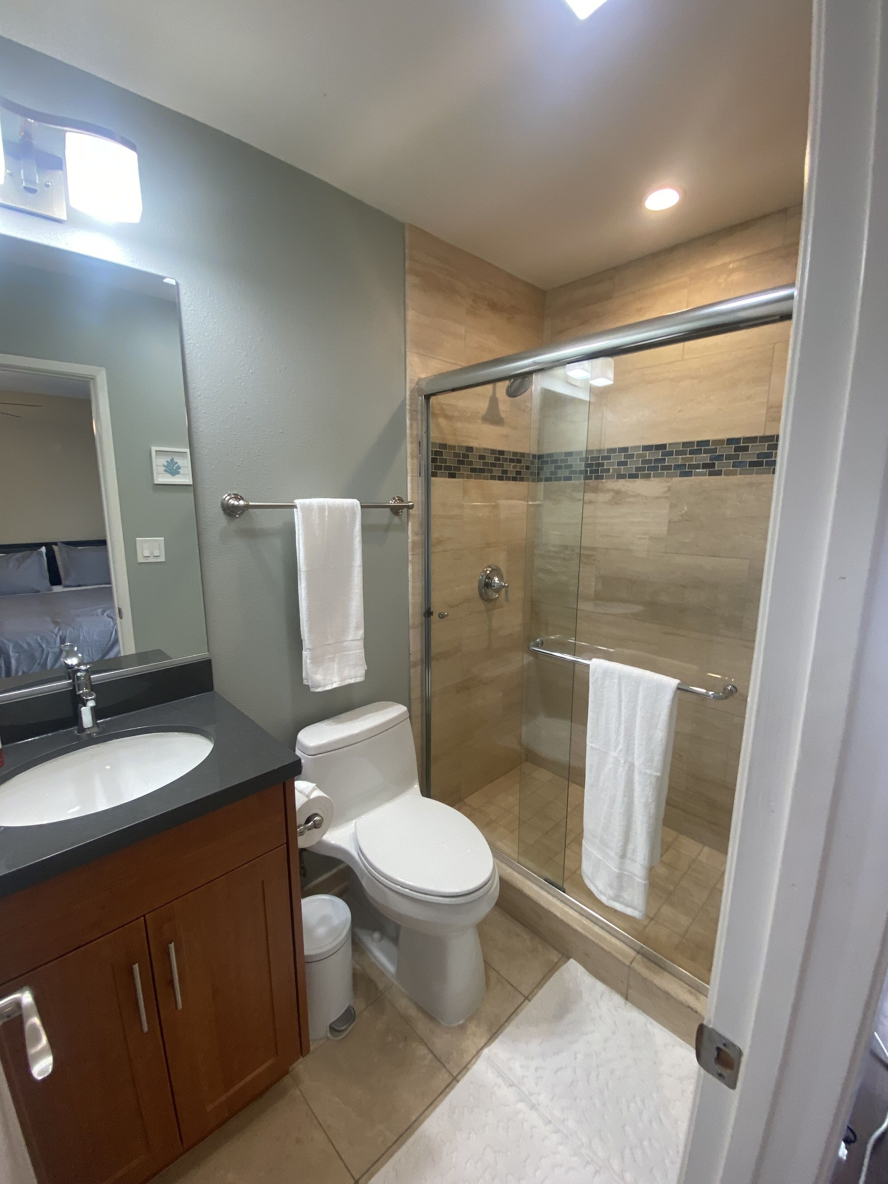 Shower, eco-friendly toiletries, hair dryer, towels