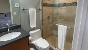 Un baño moderno con ducha de vidrio, lavamanos y retrete.