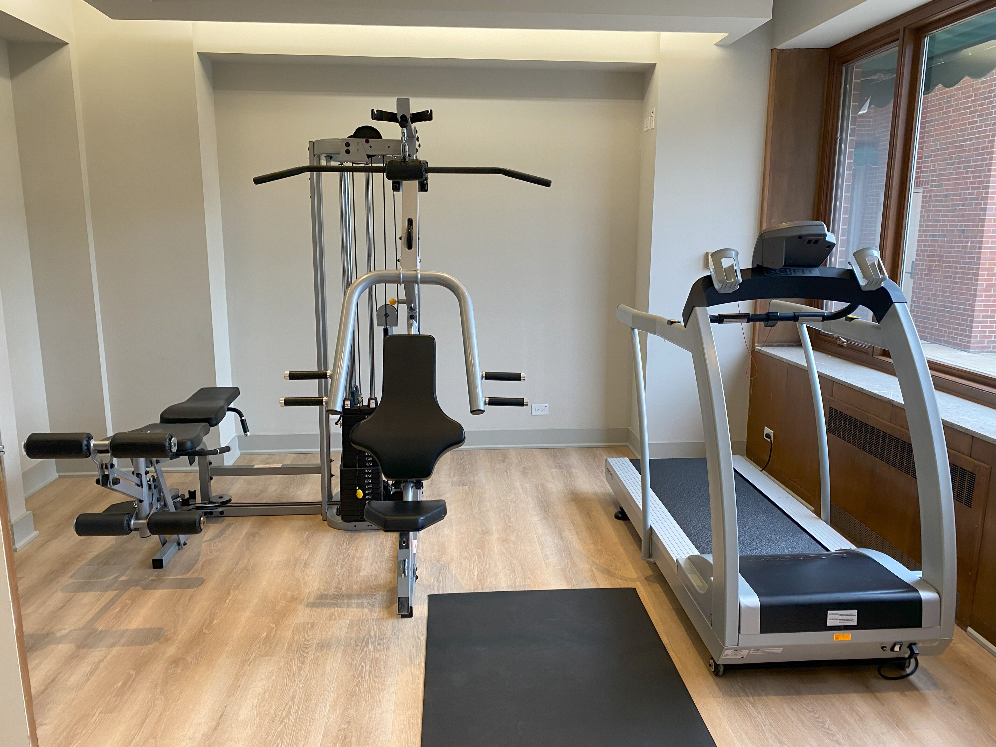 A gym with a weight bench, a cable machine, a treadmill, and a mat.