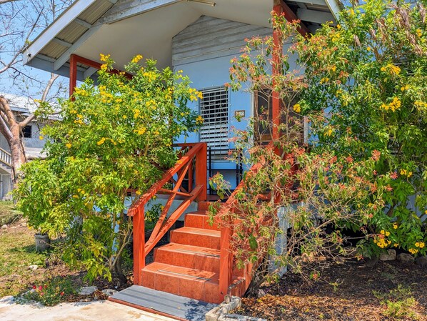 Stroll through lush gardens to the entrance of this serene residence.