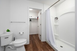 Hair dryer, towels, soap, shampoo