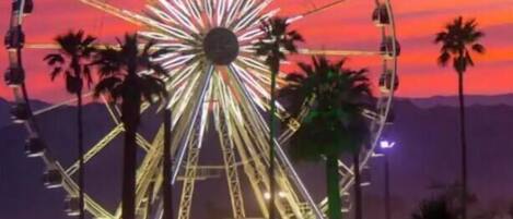 A Ferris wheel at dusk with palm trees and a crowd of people.