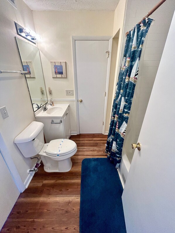 A small bathroom with a toilet, sink, and shower curtain. - Oceanfront, 5 bedroom-3 bath, Renovated 2023, Dog Friendly, Private Beach Access (Brunswick)